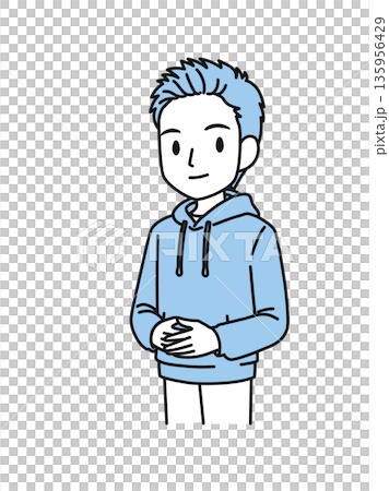 両手を前で組んでかしこまるカジュアルな服装の男性のイラスト素材 135956429