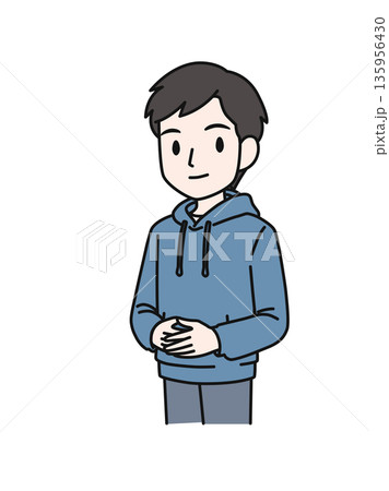 両手を前で組んでかしこまるカジュアルな服装の男性のイラスト素材 135956430