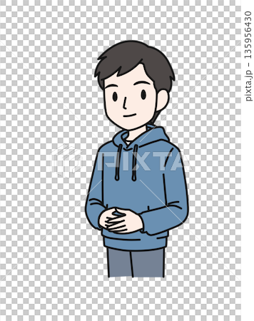 両手を前で組んでかしこまるカジュアルな服装の男性のイラスト素材 135956430