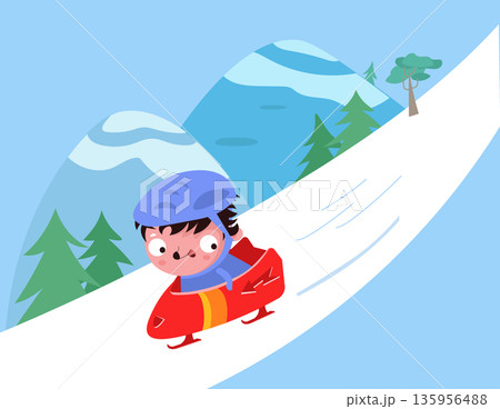 Cute character hedgehog in sled. Bobsleigh sport and winter competitions. Vector flat illustration on background for children books. Cute character hedgehog in sled. Bobsleigh sport and winter competitions. Vector flat illustration on background for children books. 135956488