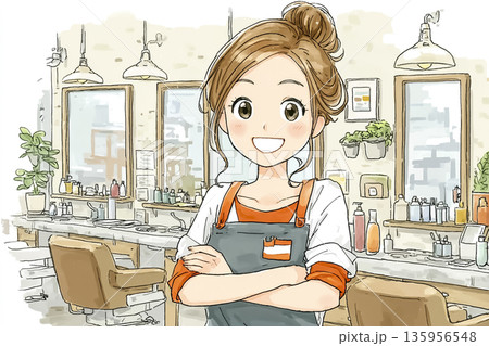 ヘアサロンで働く女性スタッフ｜笑顔で立つ美容師の仕事イラスト 135956548