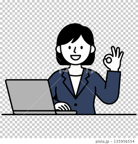 A woman in a navy suit smiling and giving an OK sign in front of a PC A woman in a navy suit smiling and giving an OK sign in front of a PC 135956554