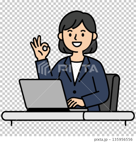 PCの前で笑顔でOKサインを出す紺色のスーツの女性 135956556