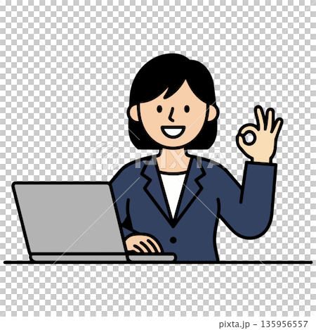 A woman in a navy suit smiling and giving an OK sign in front of a PC A woman in a navy suit smiling and giving an OK sign in front of a PC 135956557