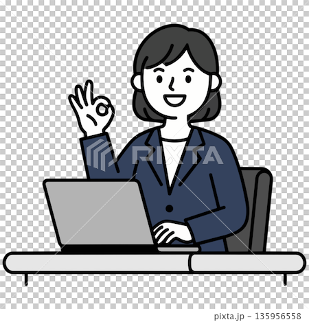 A woman in a navy suit smiling and giving an OK sign in front of a PC A woman in a navy suit smiling and giving an OK sign in front of a PC 135956558