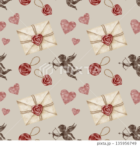 Vintage envelopes, wax seals and soft beige rose tones in watercolor illustration, hand drawn as a seamless pattern. Designed for gift wrap, journals, surface design, textiles and branding projects 135956749