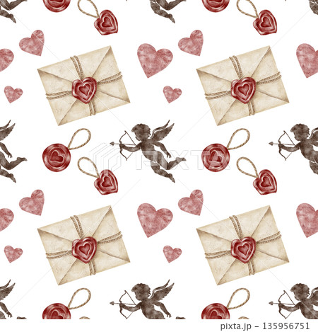 Sealed love letters, red wax stamps and heart accents in watercolor clipart, hand drawn and seamless pattern. Perfect for stationery design, scrapbook paper, packaging, fabric prints and invitations 135956751