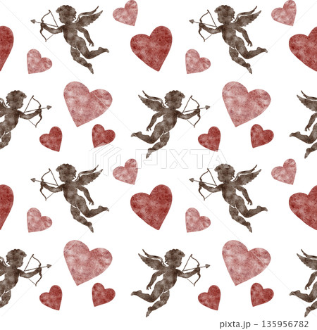 Flying cupid figures, red hearts and warm neutral tones in watercolor clipart, hand drawn and formed as a seamless pattern. Works well for Valentine cards, wrapping paper, prints, fabric and branding Flying cupid figures, red hearts and warm neutral tones in watercolor clipart, hand drawn and formed as a seamless pattern. Works well for Valentine cards, wrapping paper, prints, fabric and branding 135956782