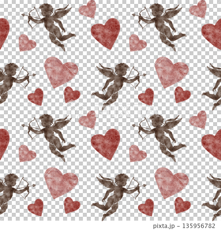 Flying cupid figures, red hearts and warm neutral tones in watercolor clipart, hand drawn and formed as a seamless pattern. Works well for Valentine cards, wrapping paper, prints, fabric and branding Flying cupid figures, red hearts and warm neutral tones in watercolor clipart, hand drawn and formed as a seamless pattern. Works well for Valentine cards, wrapping paper, prints, fabric and branding 135956782
