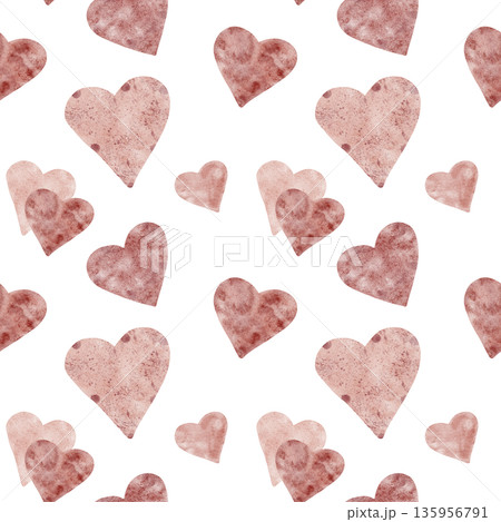 Painted hearts and soft rose pink hues in watercolor clipart, hand drawn and repeating as a seamless pattern. Designed for scrapbook paper, greeting cards, gift wrap, apparel accents and packaging 135956791