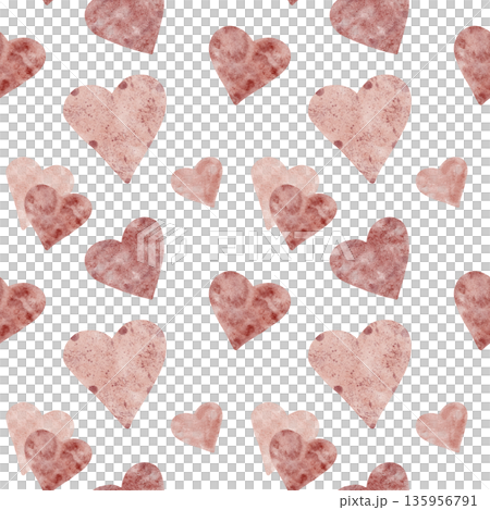 Painted hearts and soft rose pink hues in watercolor clipart, hand drawn and repeating as a seamless pattern. Designed for scrapbook paper, greeting cards, gift wrap, apparel accents and packaging 135956791