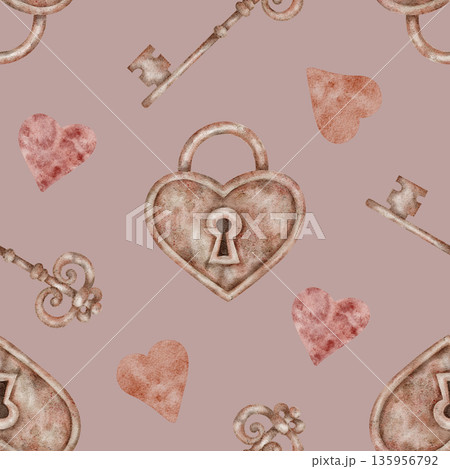 Single heart padlocks, scattered keys and dusty rose background colors in watercolor illustration, hand drawn and seamless pattern. Perfect for posters, surface design, textile printing 135956792