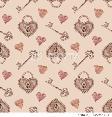 Lock hearts, classic keys and warm nude pink tones in watercolor clipart, hand drawn as a seamless pattern. Suitable for wrapping paper, wedding stationery, fabric design, and planners. Lock hearts, classic keys and warm nude pink tones in watercolor clipart, hand drawn as a seamless pattern. Suitable for wrapping paper, wedding stationery, fabric design, and planners. 135956794