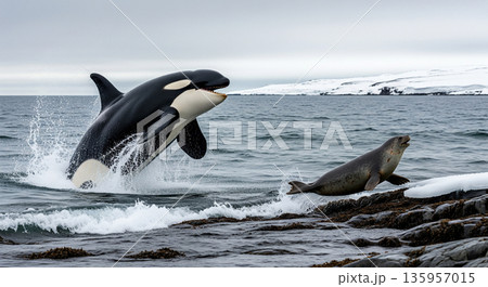 An orca moves quickly through the water, leaping high as it chases a seal. The seal swims fast to escape. Ice and snow can be seen along the shoreline. An orca moves quickly through the water, leaping high as it chases a seal. The seal swims fast to escape. Ice and snow can be seen along the shoreline. 135957015