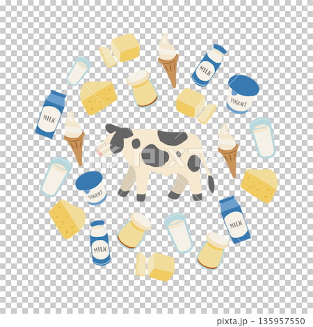 牛と乳製品のアイキャッチイラスト 牛と乳製品のアイキャッチイラスト 135957550