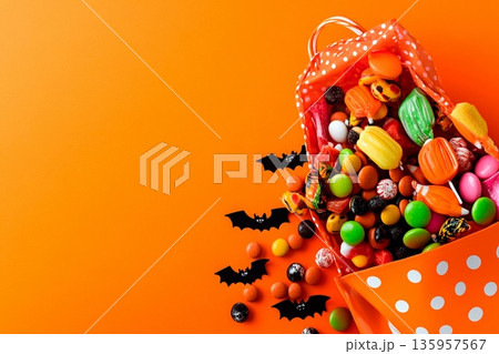 Variety of homemade gingerbread cookies with Halloween designs arranged on a dark background 135957567