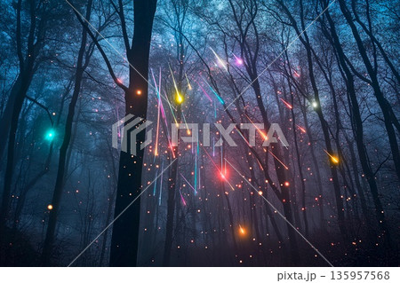 Magical forest illuminated by vibrant multicolored shooting stars at twilight 135957568