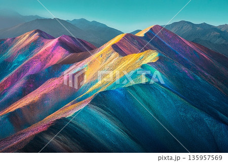 Mountains glow with holographic textures under soft light, showcasing a surreal natural landscape 135957569