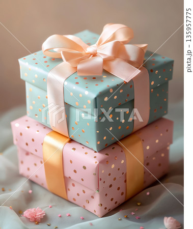 Birthday gift boxes stacked together with ribbons. Soft pastel presents. Celebration, stylish parties, joy, anticipation, surprise, gifting tradition, happy, holiday, greetings, invitations, festive. 135957775