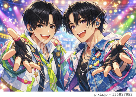 ステージで手を差し出す男性アイドル2人 キラキラ背景のライブイラスト ステージで手を差し出す男性アイドル2人 キラキラ背景のライブイラスト 135957982