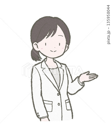 案内をする白衣姿の医療関係者の女性の手書きイラスト素材 135958044