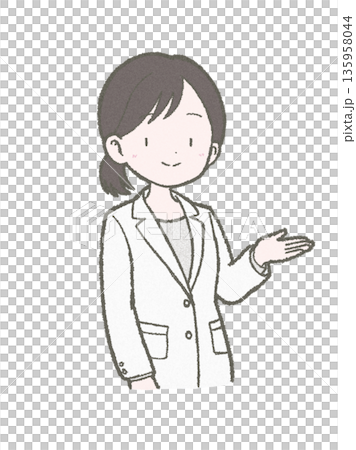 案内をする白衣姿の医療関係者の女性の手書きイラスト素材 135958044