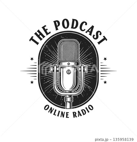 Podcast logo design. Vintage retro label template with microphone. Branding for online radio podcast. Design element for social media and print. Black and white vector illustration in realistic style Podcast logo design. Vintage retro label template with microphone. Branding for online radio podcast. Design element for social media and print. Black and white vector illustration in realistic style 135958139
