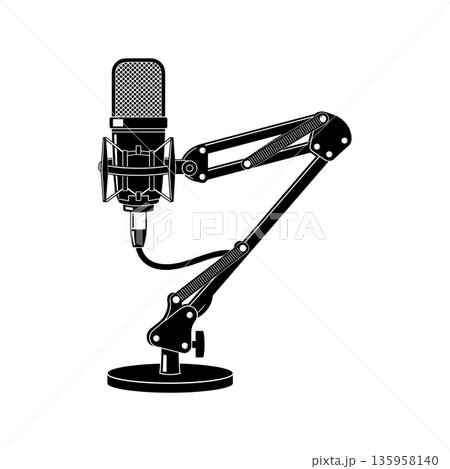 A striking silhouette of a professional studio microphone on a tripod. Design element for social media and print. A striking silhouette of a professional studio microphone on a tripod. Design element for social media and print. 135958140