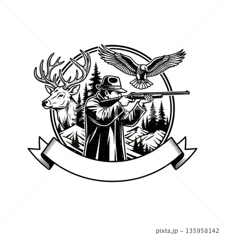 Vintage Hunter Logo Design Vector Illustration on white background Vintage Hunter Logo Design Vector Illustration on white background 135958142
