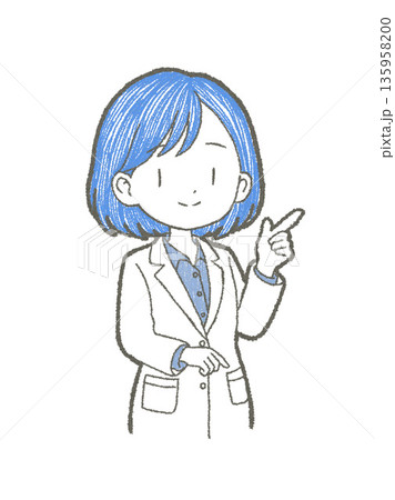 ポイントを説明する白衣姿の医療関係者の女性の手書きイラスト素材 ポイントを説明する白衣姿の医療関係者の女性の手書きイラスト素材 135958200