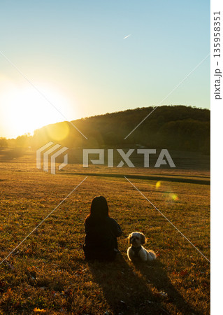 A woman sits in a field with her dog 135958351