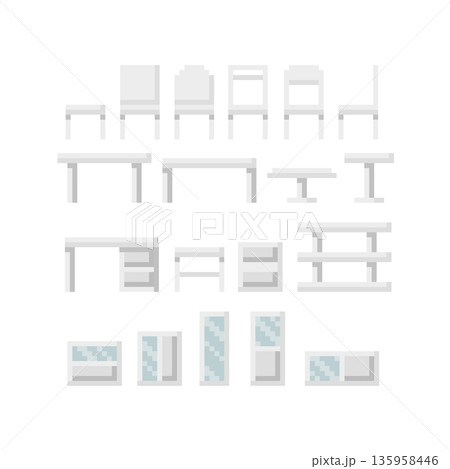 Pixel art 8 bit style. Set of Furniture, Chair, Table and Cabinet. Pixel art 8 bit style. Set of Furniture, Chair, Table and Cabinet. 135958446