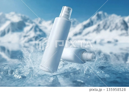 White skin care products floating on the iceberg water replenish water and sunscreen spray White skin care products floating on the iceberg water replenish water and sunscreen spray 135958528