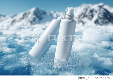 White skin care products floating on the iceberg water replenish water and sunscreen spray White skin care products floating on the iceberg water replenish water and sunscreen spray 135958529