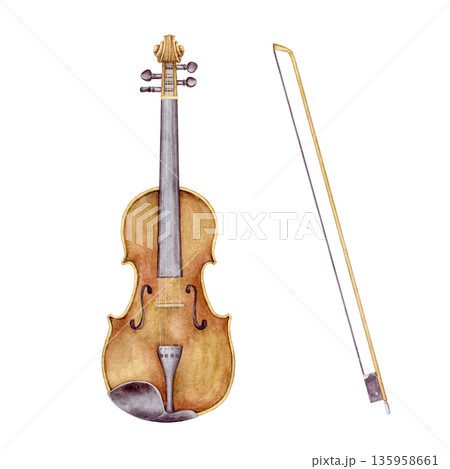 Hand painted watercolor violin with bow isolated on white. Realistic classical music instrument illustration for wedding and concert design, for Valentines day  135958661