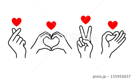 Set of Hand Drawn Love Gestures with Red Hearts. Line Art Vector Illustration of Finger Heart, Peace Sign and Hand Shapes. 135958837