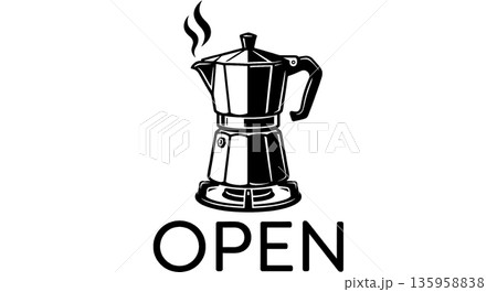 Classic Moka Pot Stovetop Espresso Maker with OPEN Sign. Black and white vector illustration of brewing coffee for cafe business. 135958838