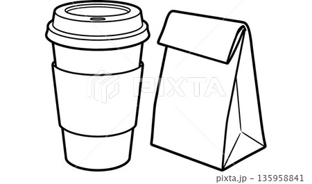 Takeaway Coffee Cup and Paper Bag Line Art Illustration. Black and white outline sketch of breakfast or lunch to go set. Takeaway Coffee Cup and Paper Bag Line Art Illustration. Black and white outline sketch of breakfast or lunch to go set. 135958841