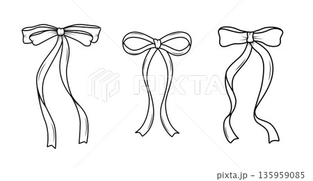 A set of cute bows and doodle contour ribbons on a white background. Vector illustration of hair jewelry, gift A set of cute bows and doodle contour ribbons on a white background. Vector illustration of hair jewelry, gift 135959085