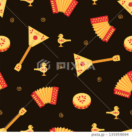 Seamless pattern Musical instruments accordion, balalaika, tambourine and whistle. Russian folklore, traditional folk music. Cartoon vector illustration background. 135959094