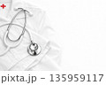 Minimal medical background with stethoscope on white doctor coat, copy space, Generative AI 135959117