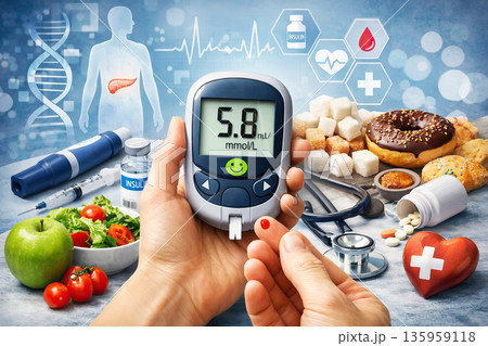 Blood Glucose Monitoring, Diabetes Management and Healthy Lifestyle Concept, Generative AI 135959118