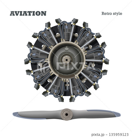 Aircraft piston engine. Rotor radial motor. Industrial isolated drawing. 3D sketch of retro machine. Aviation banner Aircraft piston engine. Rotor radial motor. Industrial isolated drawing. 3D sketch of retro machine. Aviation banner 135959123