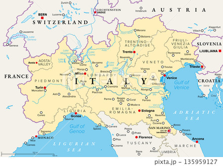 Northern Italy, political map of a region in the northern part of Italy. North Italy, highlighted in yellow, with borders, region capitals, largest cities, and the North Italian Lake District. Vector 135959127