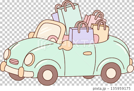 Hand Drawn Minimalist Illustration of a Mint Green Classic Convertible Car Filled with Colorful Shopping Bags for Retail and Fashion Concept Hand Drawn Minimalist Illustration of a Mint Green Classic Convertible Car Filled with Colorful Shopping Bags for Retail and Fashion Concept 135959175