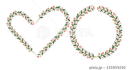 Decorative floral heart wreath frame made of leaves and small flowers, perfect for romantic designs, wedding invitations, Valentine backgrounds, greeting cards, and love themed creative projects. 135959292
