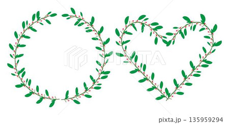 Decorative floral heart wreath frame made of leaves and small flowers, perfect for romantic designs, wedding invitations, Valentine backgrounds, greeting cards, and love themed creative projects. 135959294