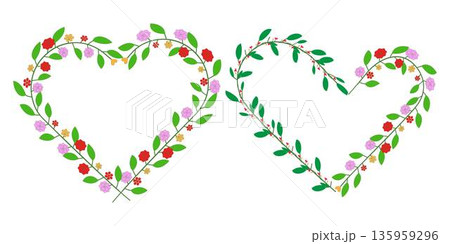 Decorative floral heart wreath frame made of leaves and small flowers, perfect for romantic designs, wedding invitations, Valentine backgrounds, greeting cards, and love themed creative projects. 135959296