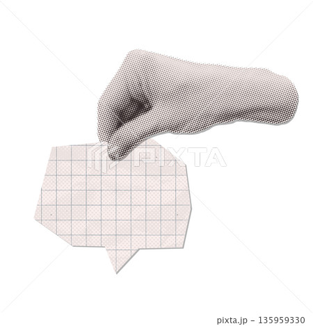 Trendy vintage collage with dotted halftone design elements. Hand Gesture Holding Beige Paper Speech Bubble, Dialogue Message. Torn paper. Messaging, creative chat. Halftone body part. Vector 135959330