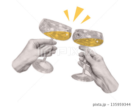 Happy new year 2027 design. Two hands holding champagne. Cut out paper collage style illustrations. Vector design for poster, banner, greeting cards. Human hands with cocktails clink glasses. Vector Happy new year 2027 design. Two hands holding champagne. Cut out paper collage style illustrations. Vector design for poster, banner, greeting cards. Human hands with cocktails clink glasses. Vector 135959344